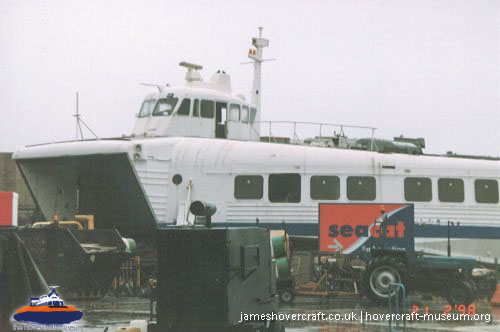 SRN4 Sir Christopher (GH-2008) being broken up at Dover -   (submitted by The <a href='http://www.hovercraft-museum.org/' target='_blank'>Hovercraft Museum Trust</a>).